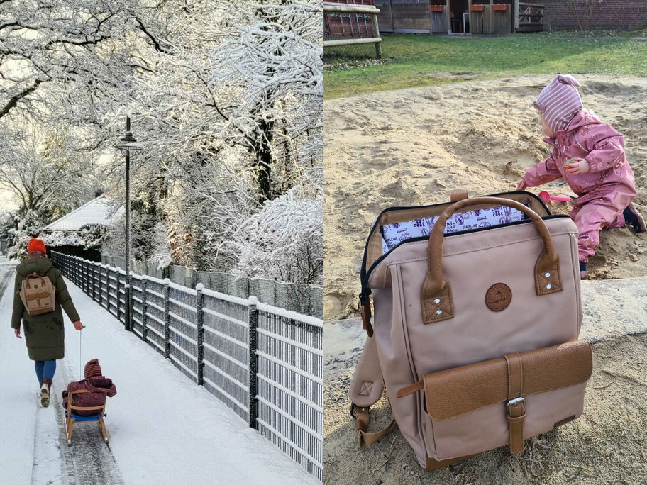 Der Adventurer Rucksack im Einsatz im Schnee und im Sand