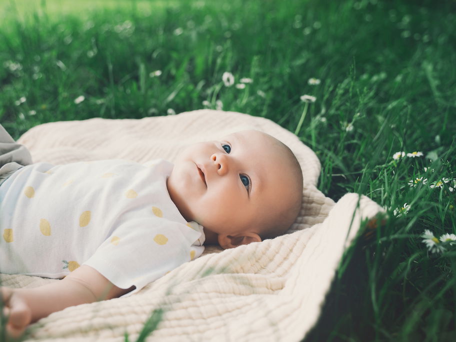 Baby liegt auf einer Wiese.