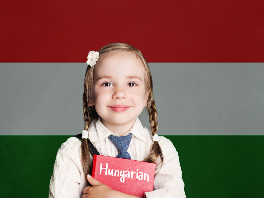 Kleines Mädchen mit Zöpfen vor der ungarischen Flagge.