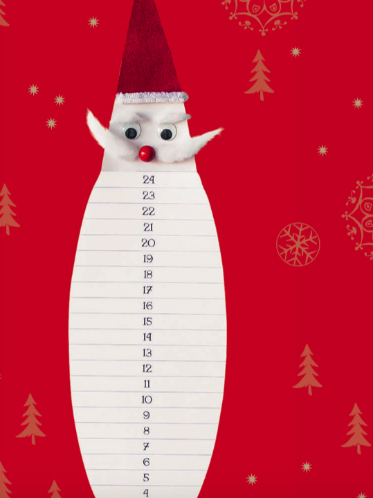 Ein selbst gebastelter Adventskalender, dei dem man dem Weihnachtsmann jeden Tag ein Stück Bart abschneiden kann.