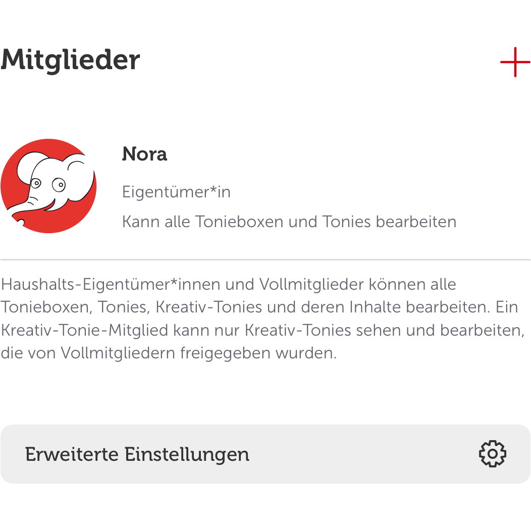 Um einen Kreativtonie ohne Toniebox zu bespielen, können mehrere Personen zu einem Haushalt hingefügt werden.