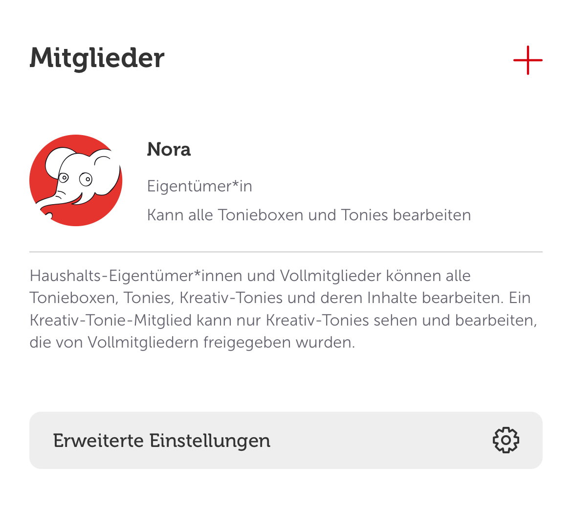 Um einen Kreativtonie ohne Toniebox zu bespielen, können mehrere Personen zu einem Haushalt hingefügt werden.