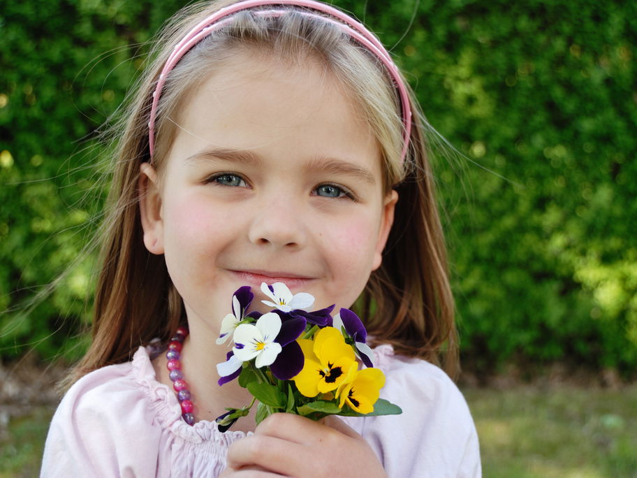 Kleines Mädchen zeigt eine der zwei Februar-Geburtsblumen in die Kamera: das Veilchen.