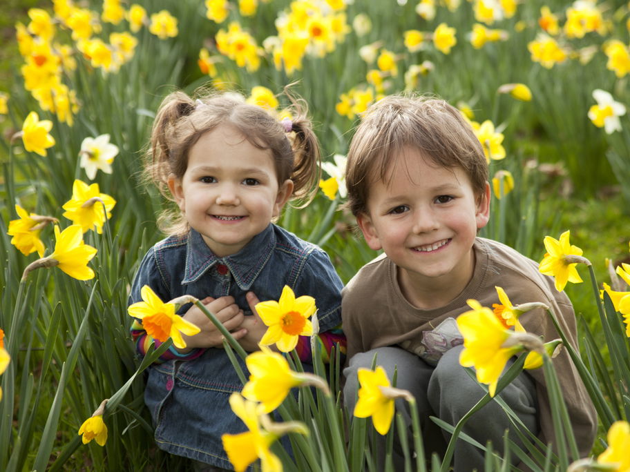 Geburtsblumen im März: Zwei Kinder sitzen in einem Narzissen-Feld.