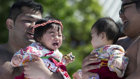 Sumo-Ringer lassen Babys um die Wette schreien: "Je lauter, desto gesünder!"