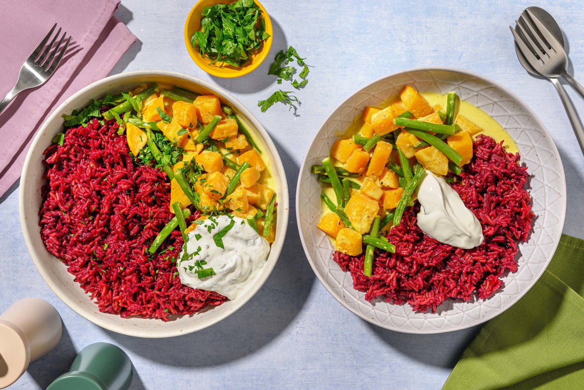Lila Lieblingsreis mit Kürbis-Kokos-Curry.