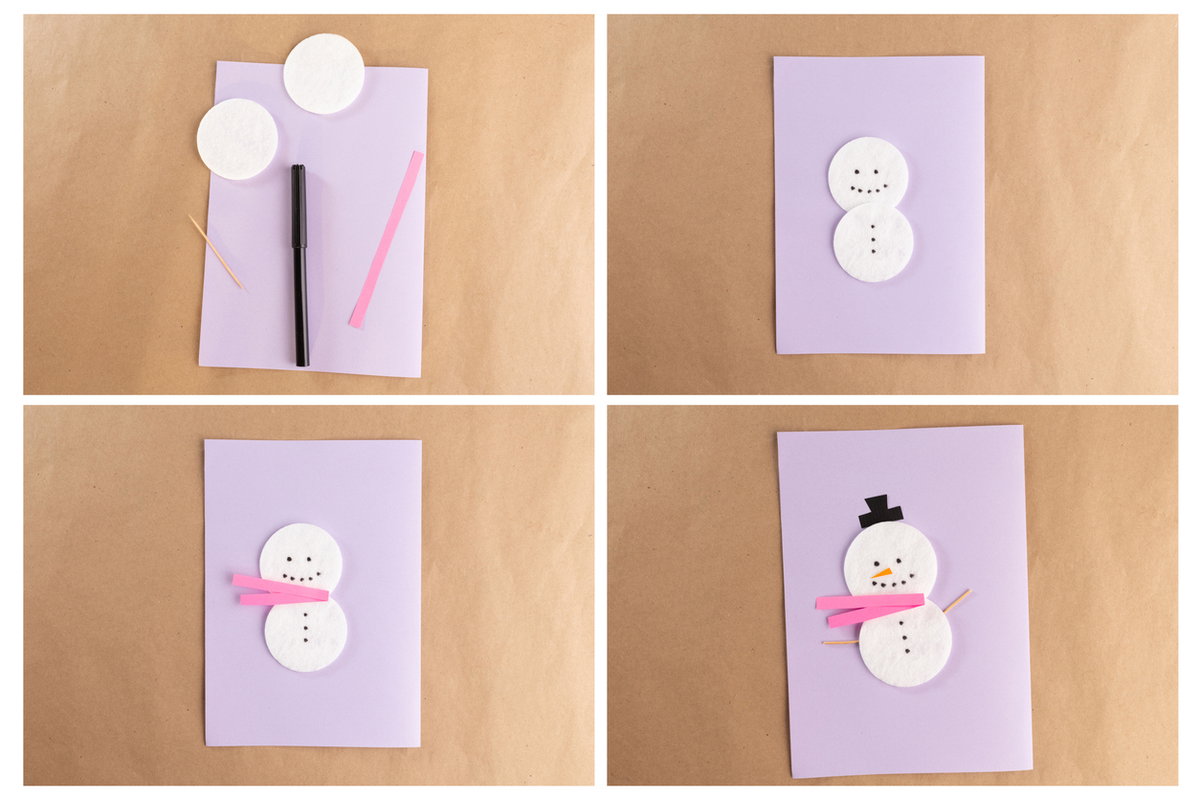 Eine Weihnachtskarte aus Wattepads: Schneemänner