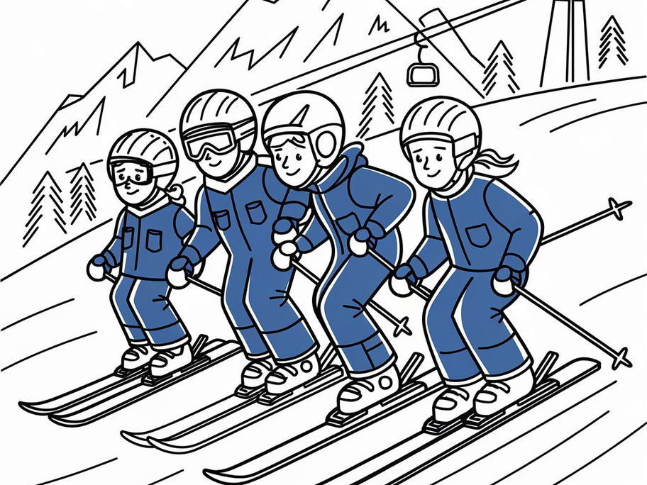 Ein winterliches Ausmalbild, auf dem eine Familie beim Skifahren zu sehen ist.