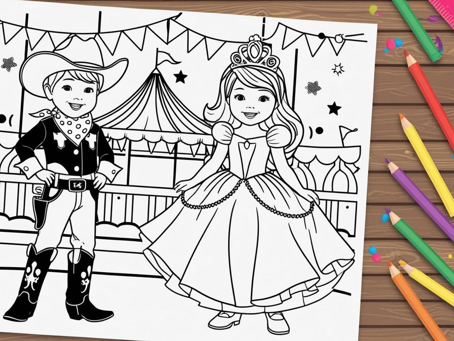 Ein Ausmalbild für Kinder zu Fasching, auf dem ein Cowboy und eine Prinzessin zu sehen sind