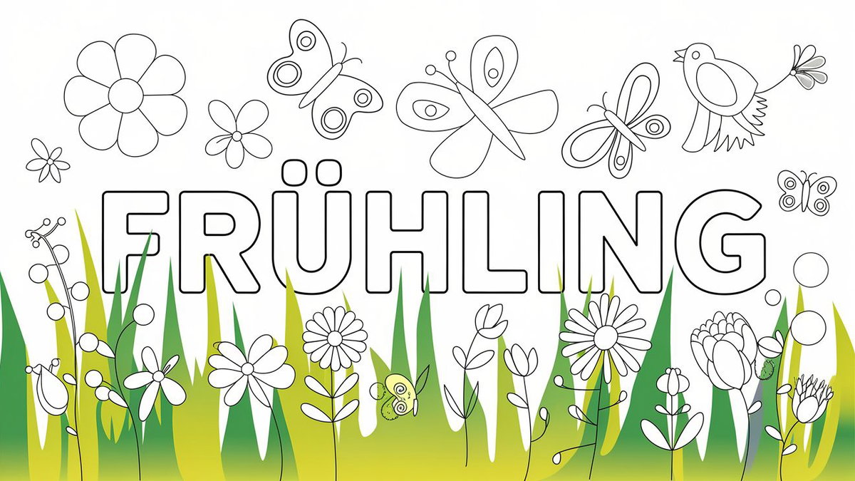 Ein illustriertes Ausmalbild mit dem Thema Frühling