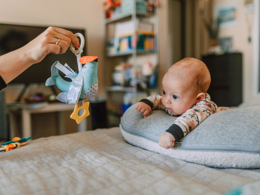 Ein Baby, das mit einem Vogel spielt