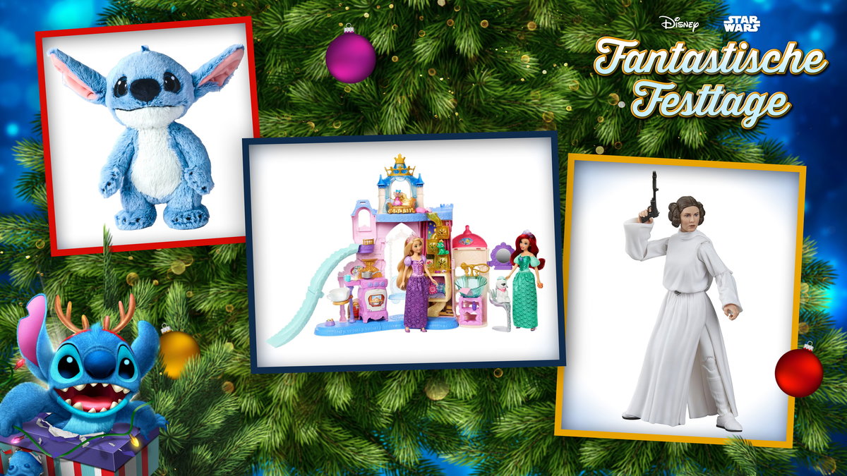 Das Gewinnpaket mit dem Disney Prinzessin Haustierpalast von Mattel, dem Stitch Plüsch von Simba und der Star Wars ™ Black Series Figur Prinzessin Leia Organa von Hasbro. (Produktabbildungen nicht maßstabsgetreu.)