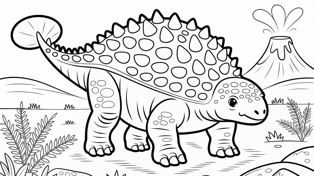 Ausmalbild Ankylosaurus mit Vulkan