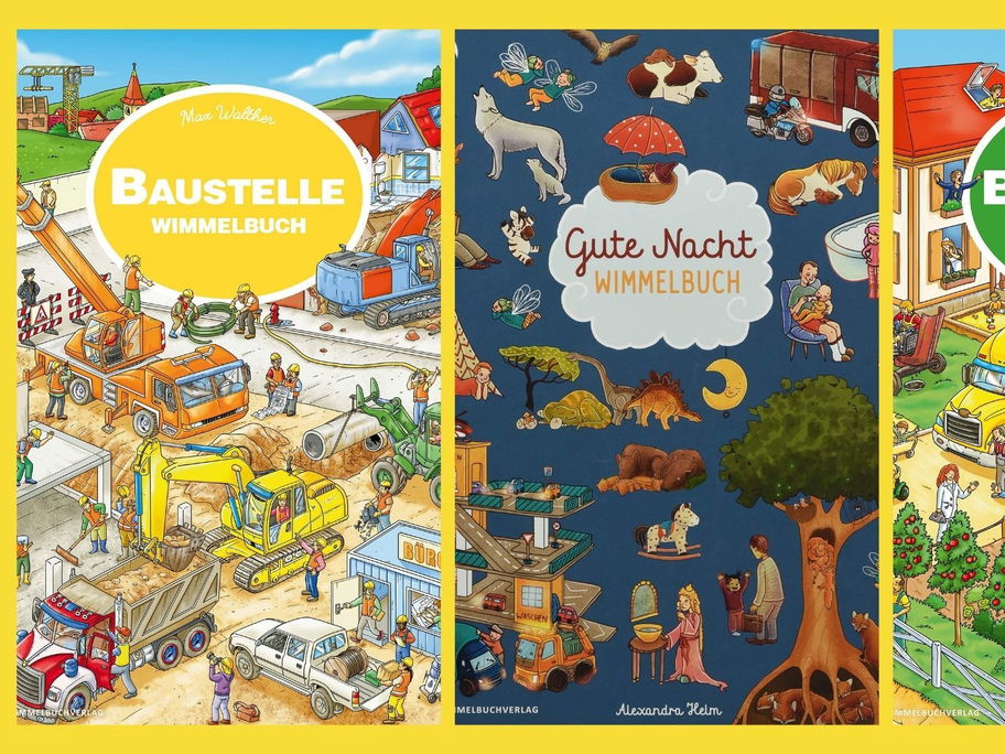 Drei unterschiedliche Wimmelbücher: Baustelle, Gute Nacht und Bauernhof.