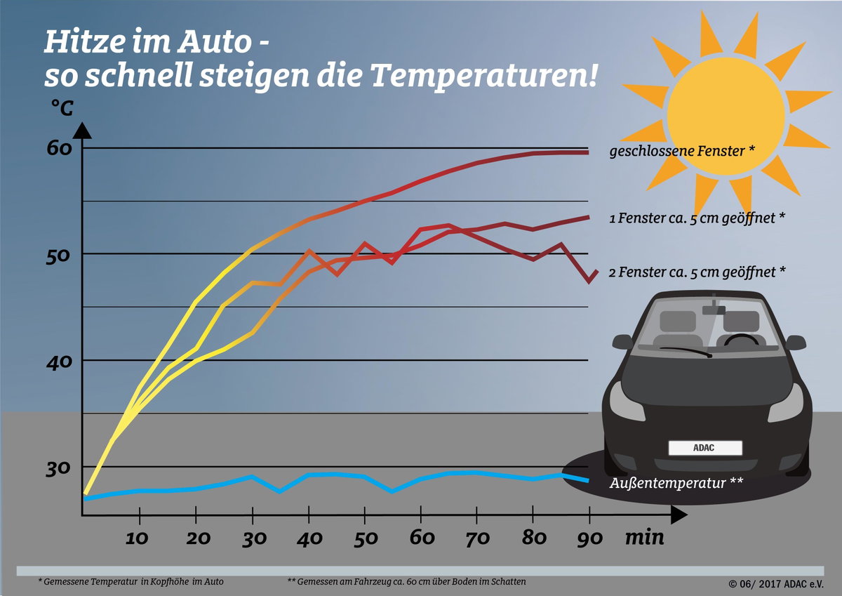 Eine Grafik zeigt, wie schnell Temperaturen im Auto ansteigen können.