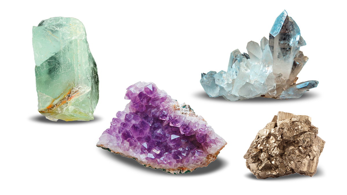 Fluorit, Amethyst, Bergkristall, Pyrit.