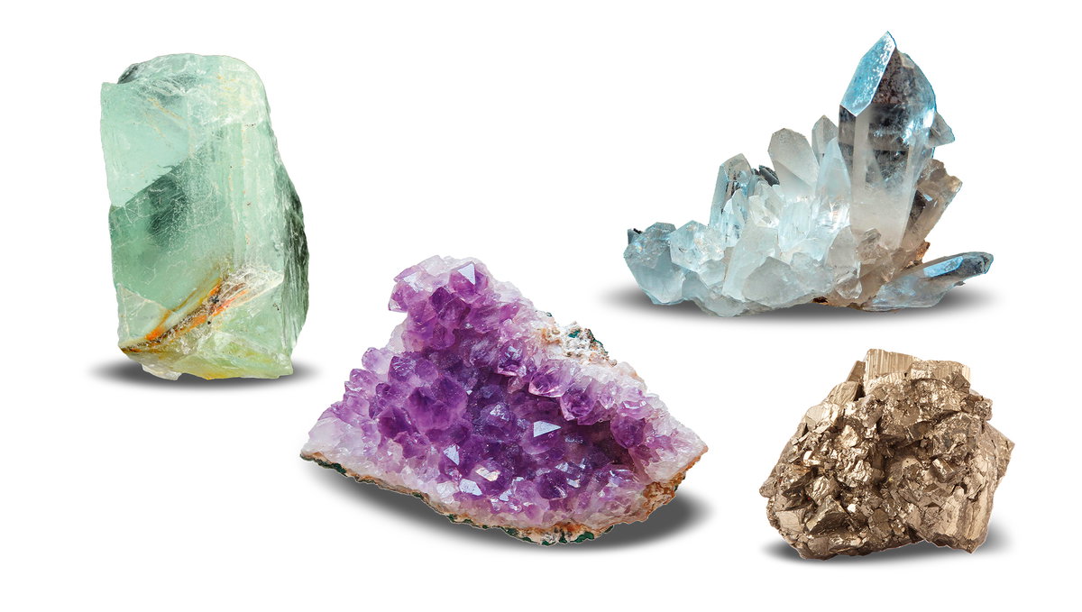 Fluorit, Amethyst, Bergkristall, Pyrit.